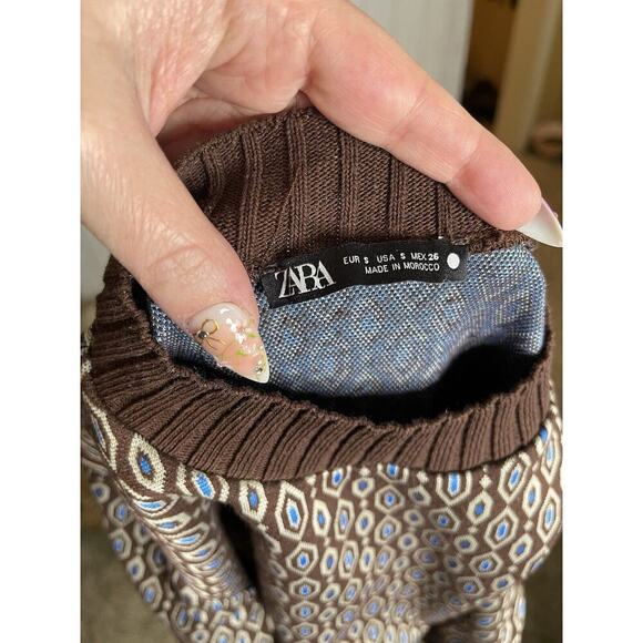 Zara Midi Sweater Dress Brown Blue Short Sleeve Bodycon Womens Sz Small - Picture 5 of 7